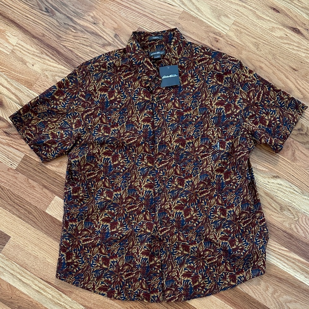 Eddie Bauer Men's Brown and Blue Floral Shirt
